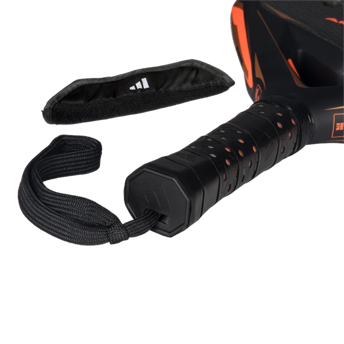 Axelblu Ltd Adidas Arrow Hit CTRL 2026 padel racket handle with black grip, safety wrist strap, and protective cover