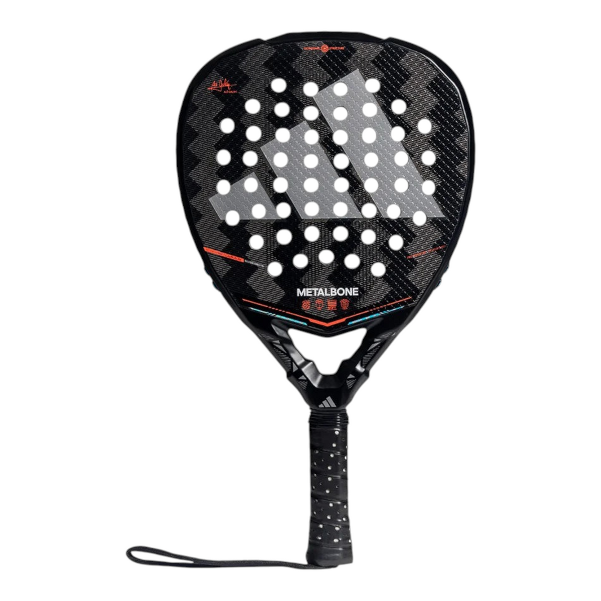 Axelblu Ltd Adidas Metalbone 2026 Ale Galan padel racket in black with carbon fibre texture and orange accents