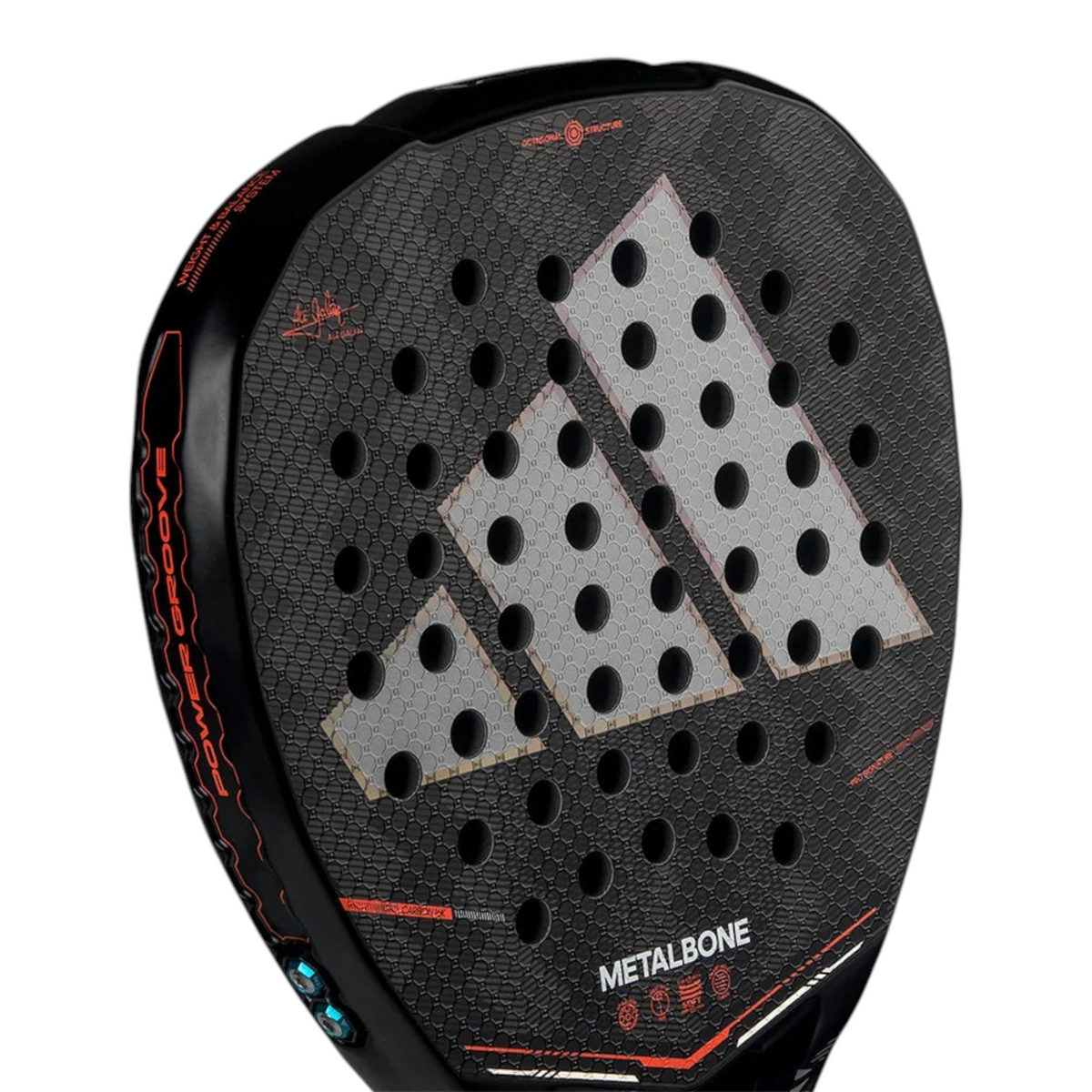 Axelblu Ltd Adidas Metalbone 2026 Ale Galan padel racket featuring a black carbon surface and orange detailing.