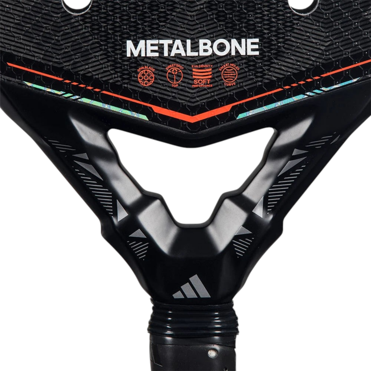 Axeblu Ltd Adidas Metalbone 2026 padel racket featuring a black octagonal frame with orange and iridescent accents.