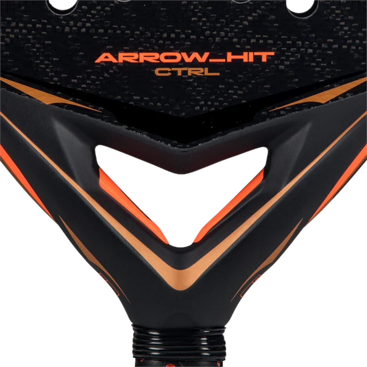 Axelblu Ltd Adidas Arrow Hit CTRL 2026 padel racket close-up showing carbon fiber texture and orange accents