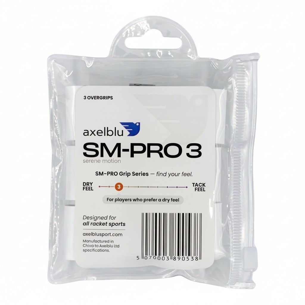 Axelblu Ltd SM-PRO 3 dry feel overgrip 3-pack in clear plastic packaging for racket sports
