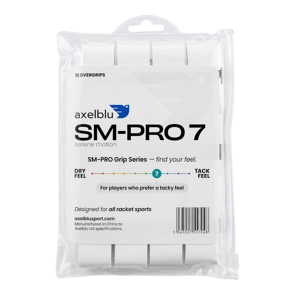 Axelblu Ltd SM-PRO 7 white tennis racket overgrips in a 12-pack plastic pouch for a tacky feel