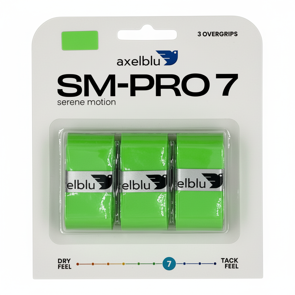 Axelblu SM-PRO 7 green overgrips in a 3-pack blister card.