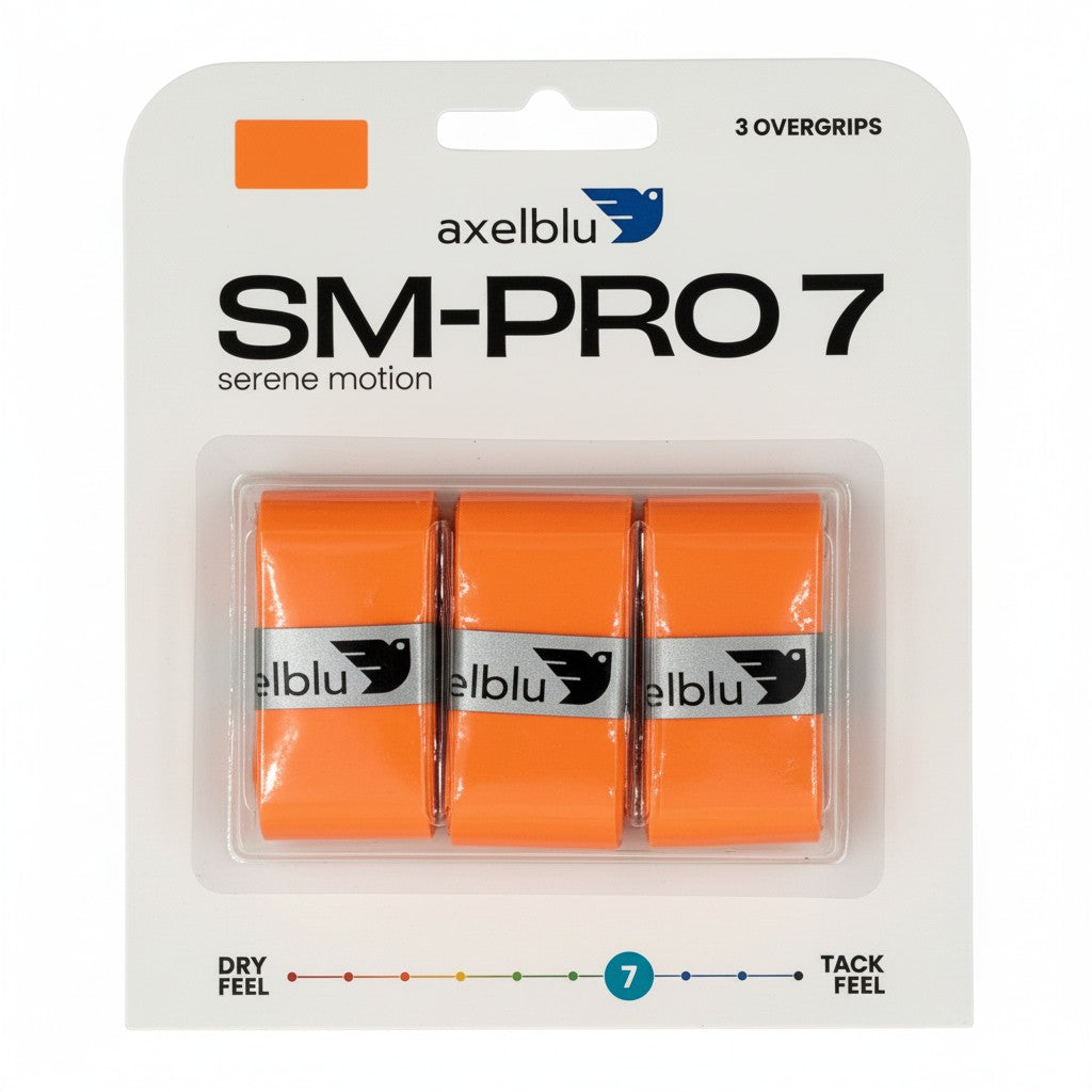 Axelblu SM-PRO 7 orange overgrips in a 3-pack blister card.