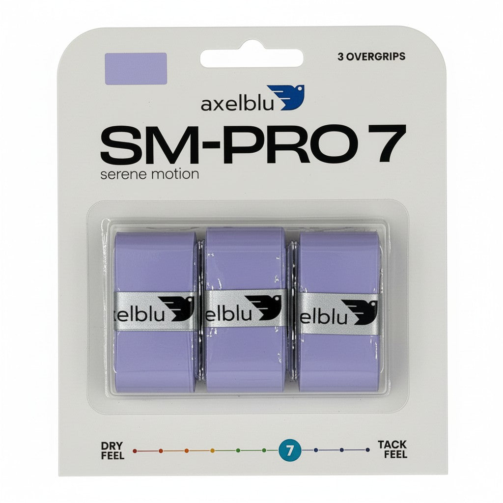 Axelblu SM-PRO 7 purple overgrips in a 3-pack blister card.