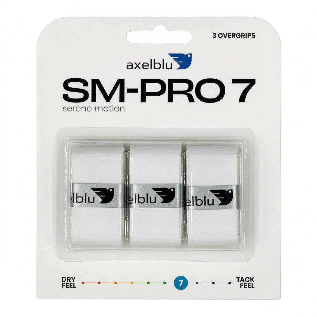 Axelblu SM-PRO 7 white overgrips in a 3-pack blister card.