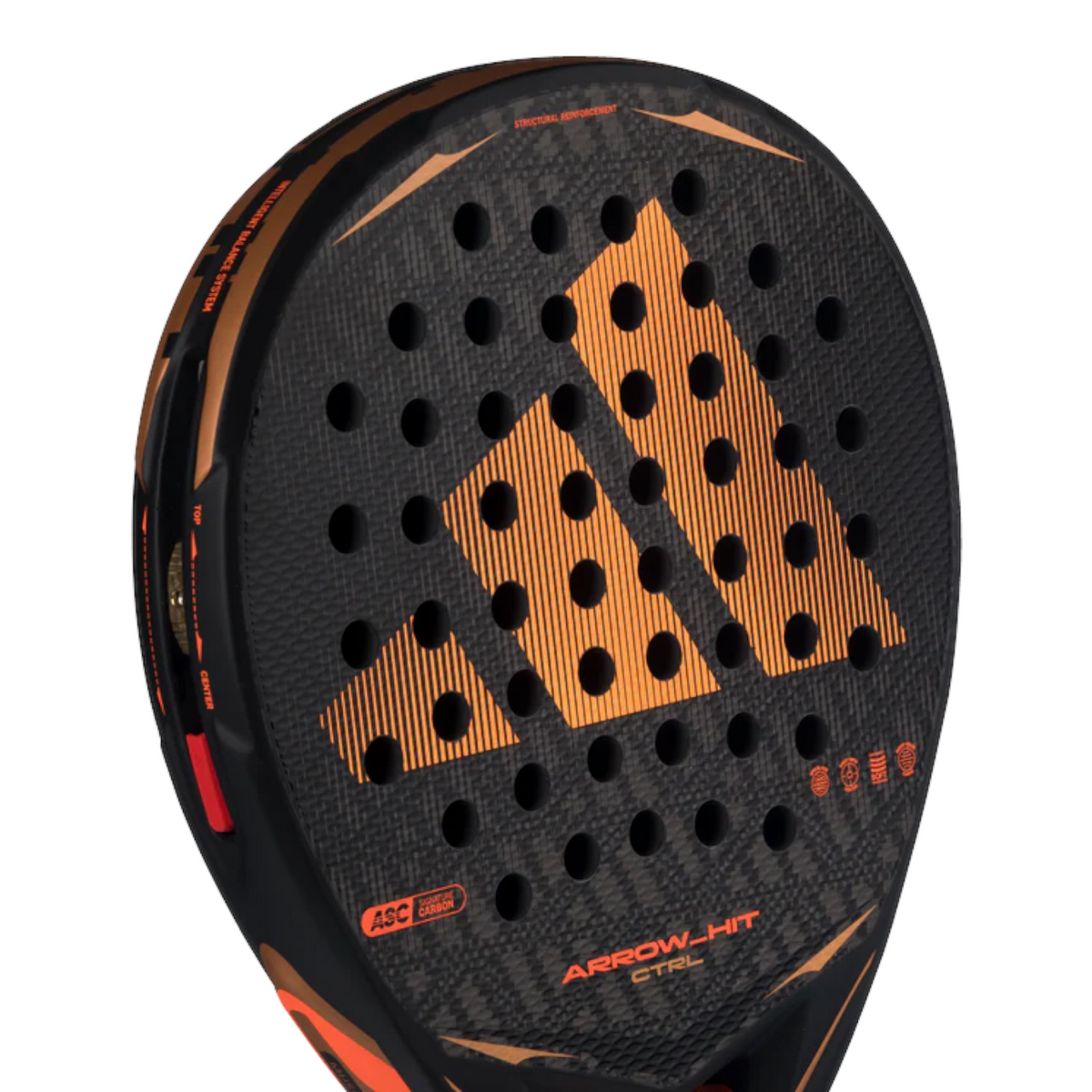 Axelblu Ltd Adidas Arrow Hit CTRL 2026 padel racket in black and orange with carbon fiber texture and textured surface