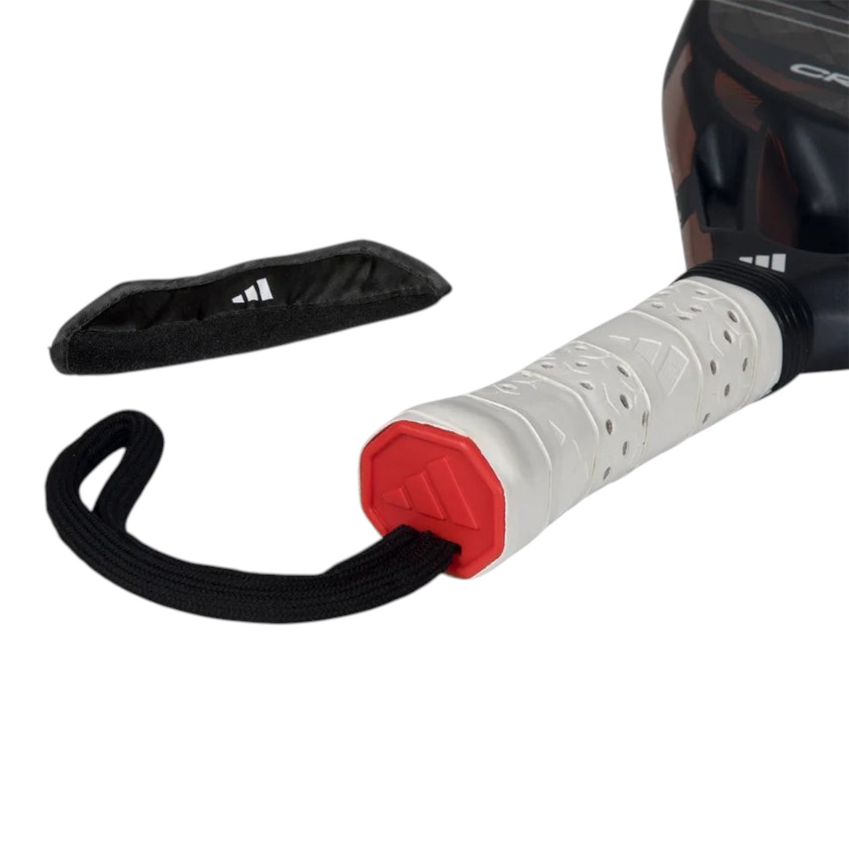 Axelblu Ltd Adidas CROSSIT CTRL 2026 padel racket handle with white perforated grip and red high memory cap