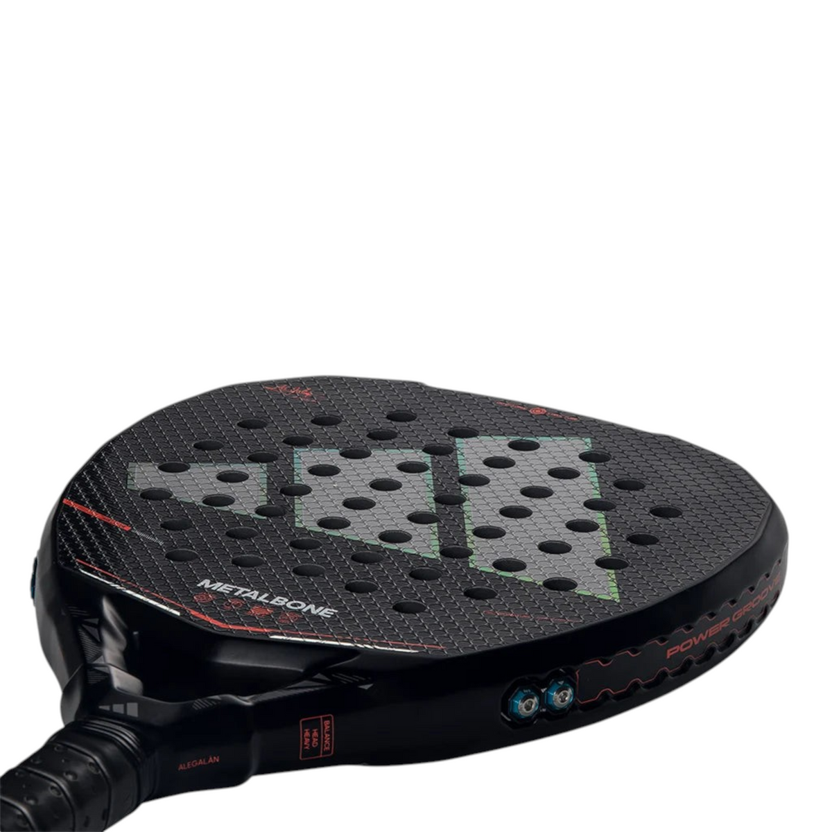 Axelblu Ltd Adidas Metalbone 2026 Ale Galan padel racket featuring a black carbon fibre frame and adjustable weights.