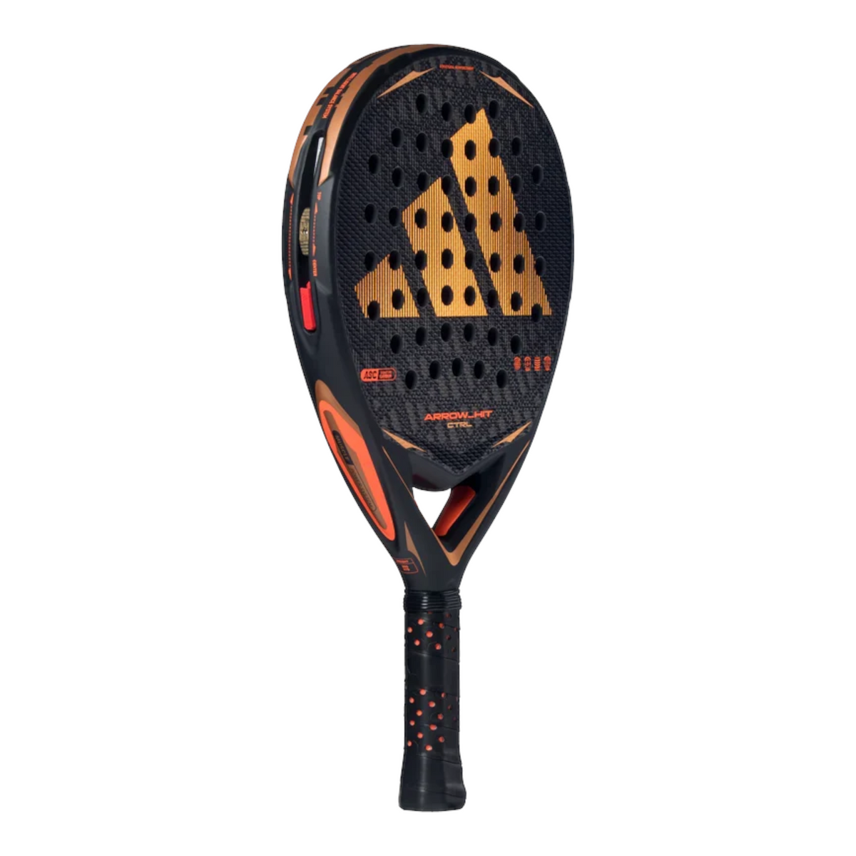 Axelblu Ltd Adidas Arrow Hit CTRL 2026 padel racket in black and orange with textured surface and adjustable weights