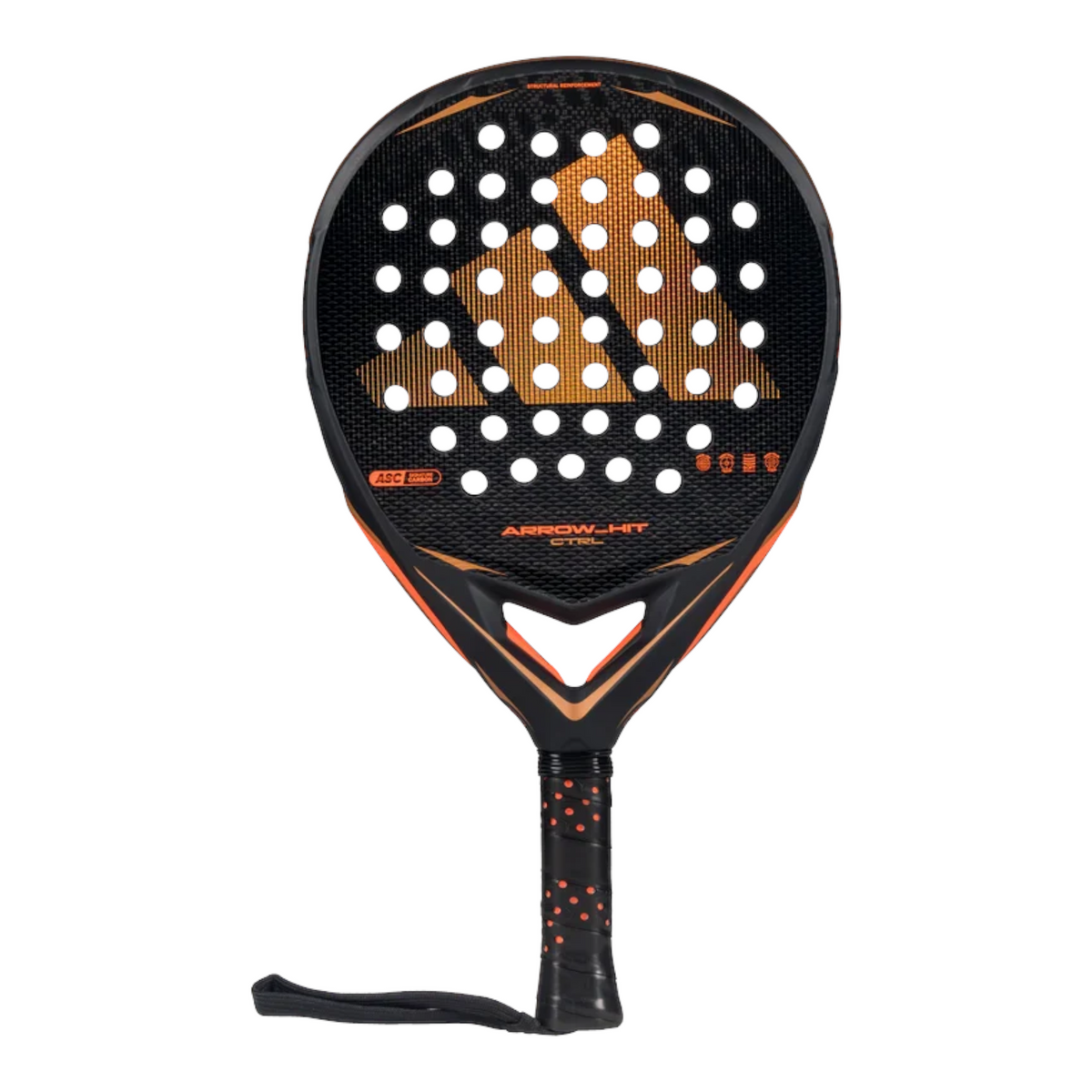 Axelblu Ltd Adidas Arrow Hit CTRL 2026 padel racket in black and orange with textured carbon surface and logo design