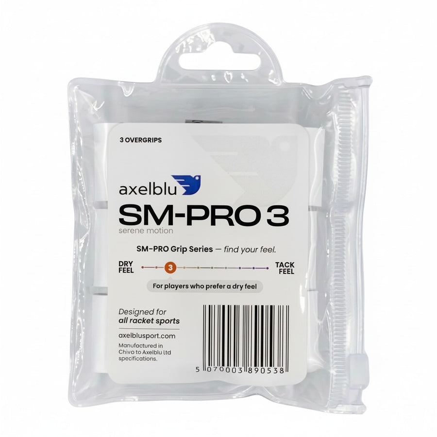 Axelblu Ltd SM-PRO 3 dry feel overgrip 3-pack in clear plastic packaging for racket sports