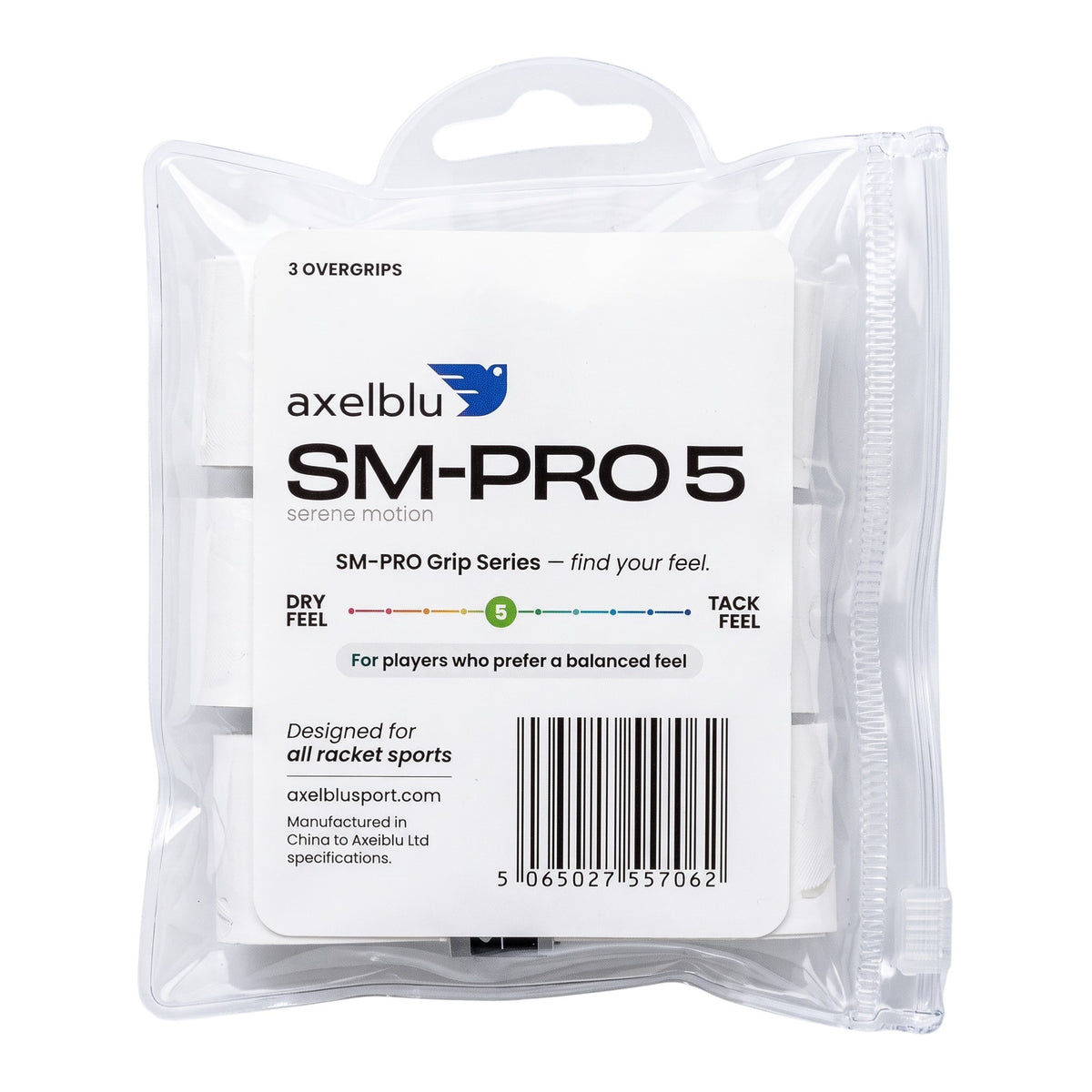 Axelblu Ltd SM-PRO 5 tennis racket overgrips in a 3-pack, featuring a balanced dry-to-tack feel for racket sports.