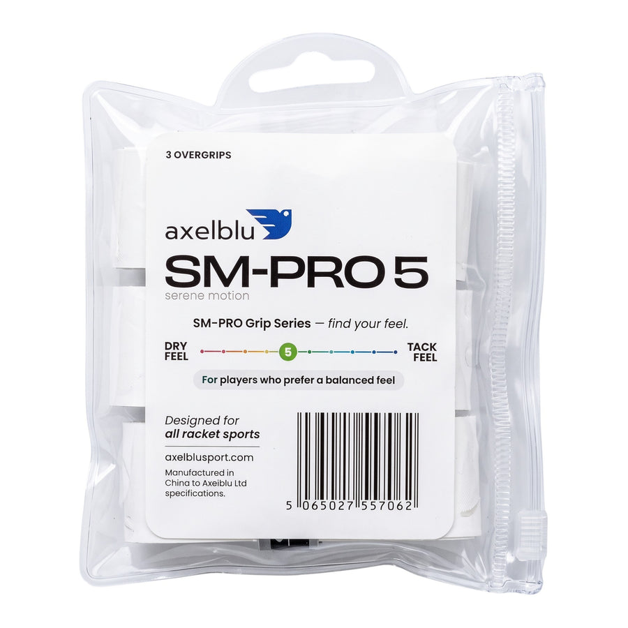 Axelblu Ltd SM-PRO 5 tennis racket overgrips in a 3-pack, featuring a balanced dry-to-tack feel for racket sports.