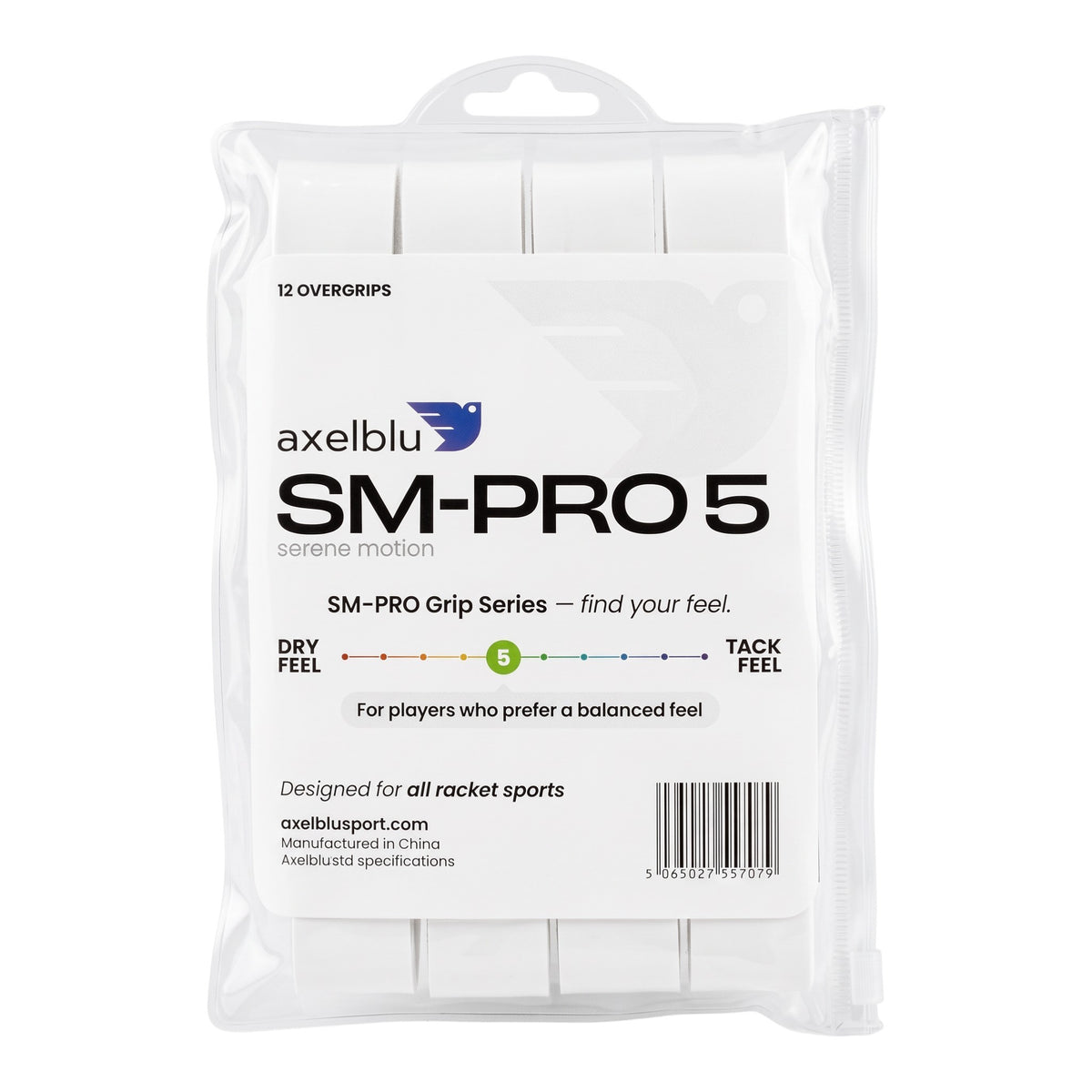Axelblu Ltd SM-PRO 5 white tennis racket overgrips in a 12-pack plastic retail pouch for balanced moisture control.