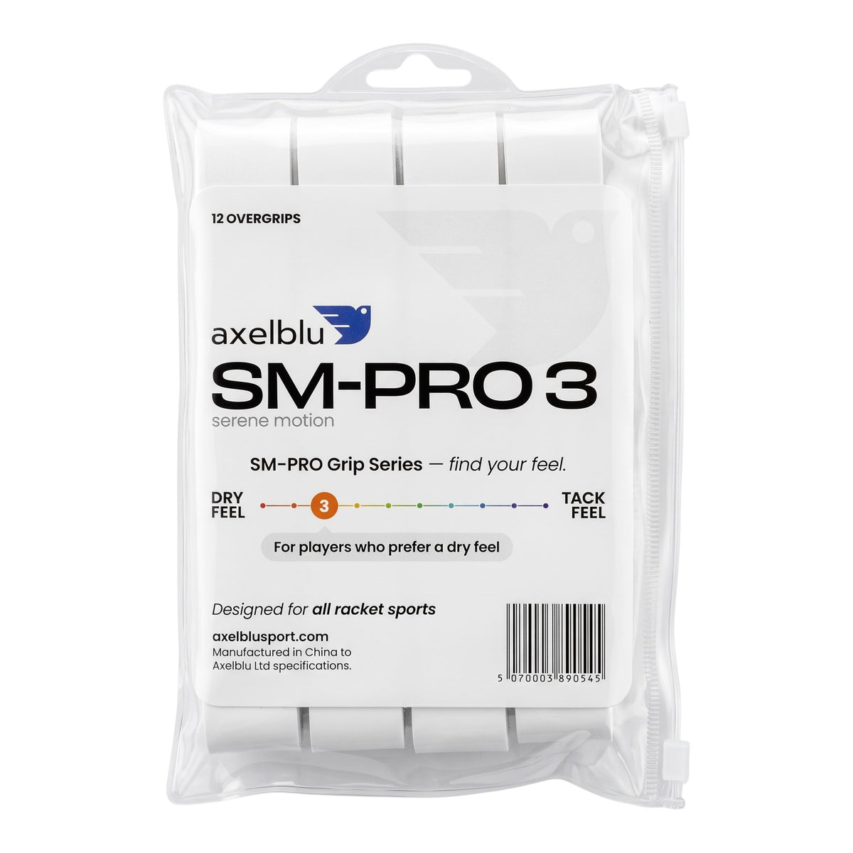 Axelblu Ltd SM-PRO 3 white overgrips in a 12-pack plastic pouch for racket sports with a dry feel rating.