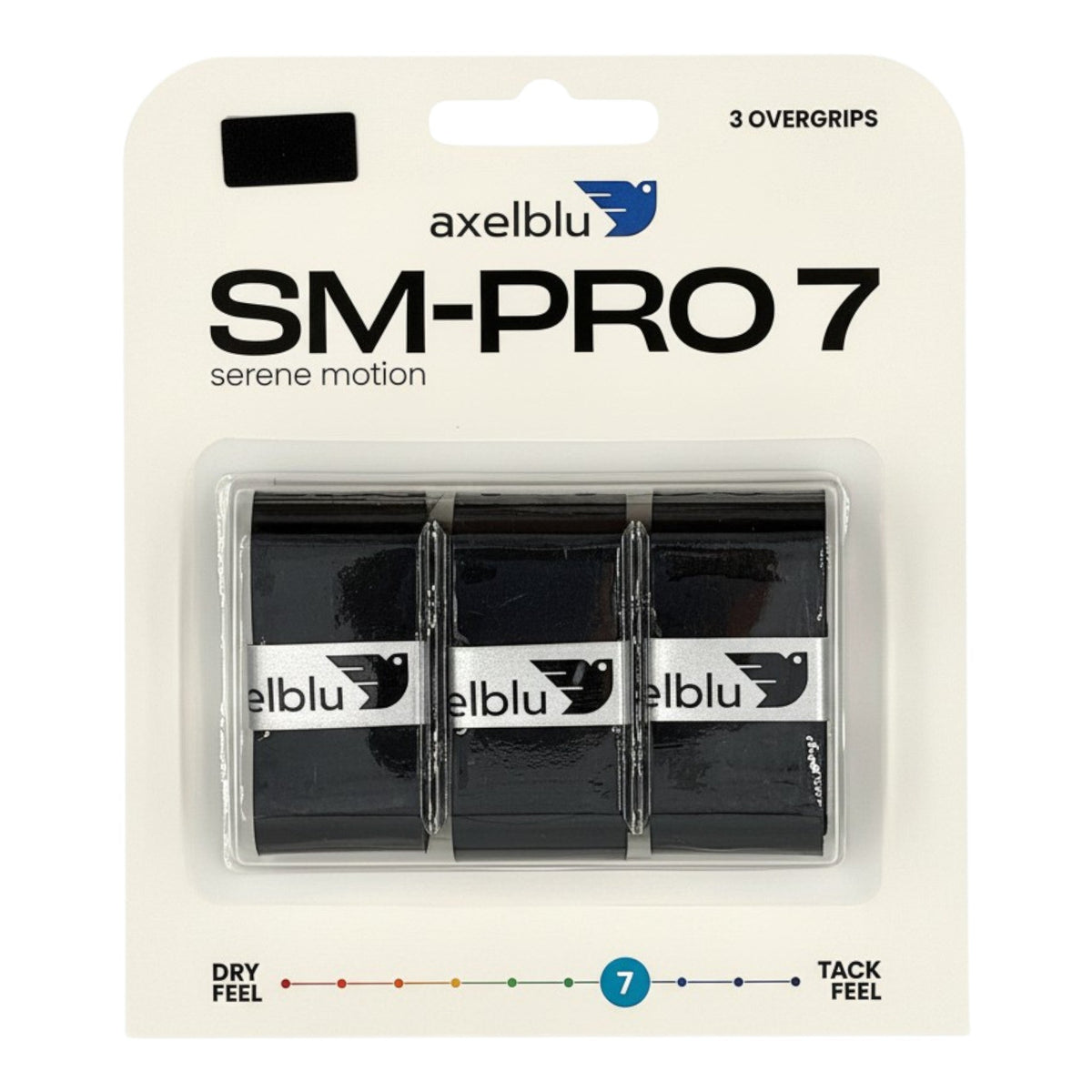 Axelblu SM-PRO 7 black overgrips in a 3-pack blister card.