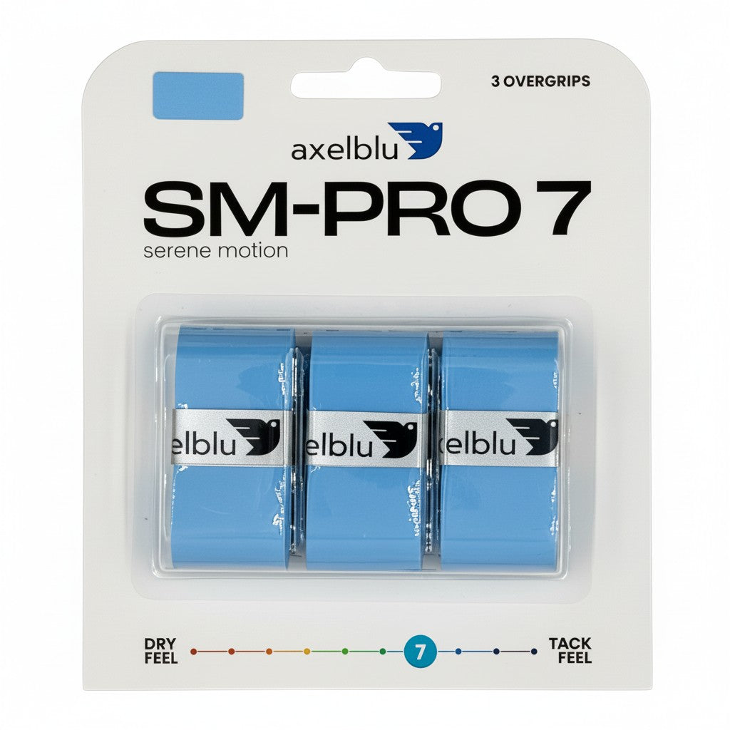 Axelblu SM-PRO 7 blue overgrips in a 3-pack blister card.