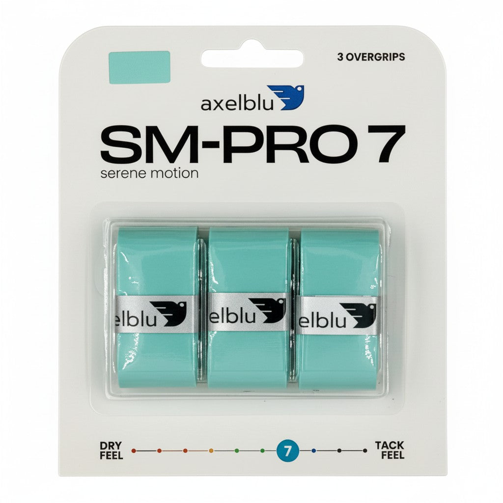 Axelblu SM-PRO 7 turquoise overgrips in a 3-pack blister card.