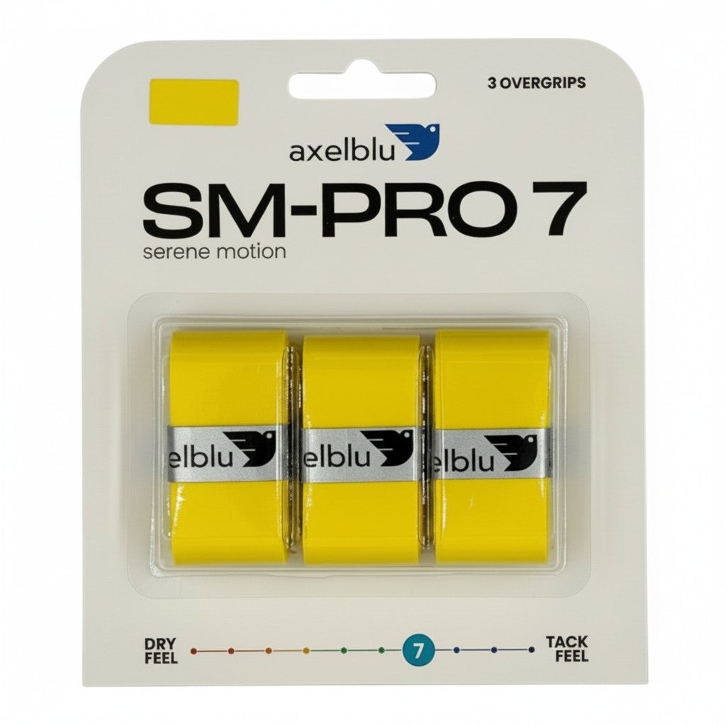 Axelblu SM-PRO 7 yellow overgrips in a 3-pack blister card.